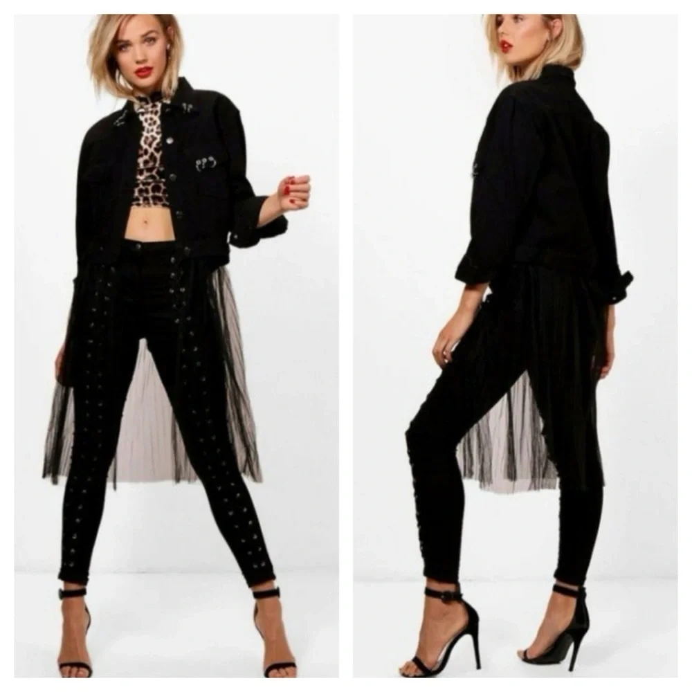 Pierced Black Denim Jacket w Detachable Sheer Tulle Panel - Picture 2 of 16